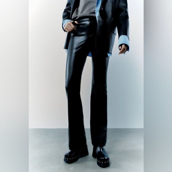 Zara Faux Leather Flared Pants Black New - Picture 2 of 3